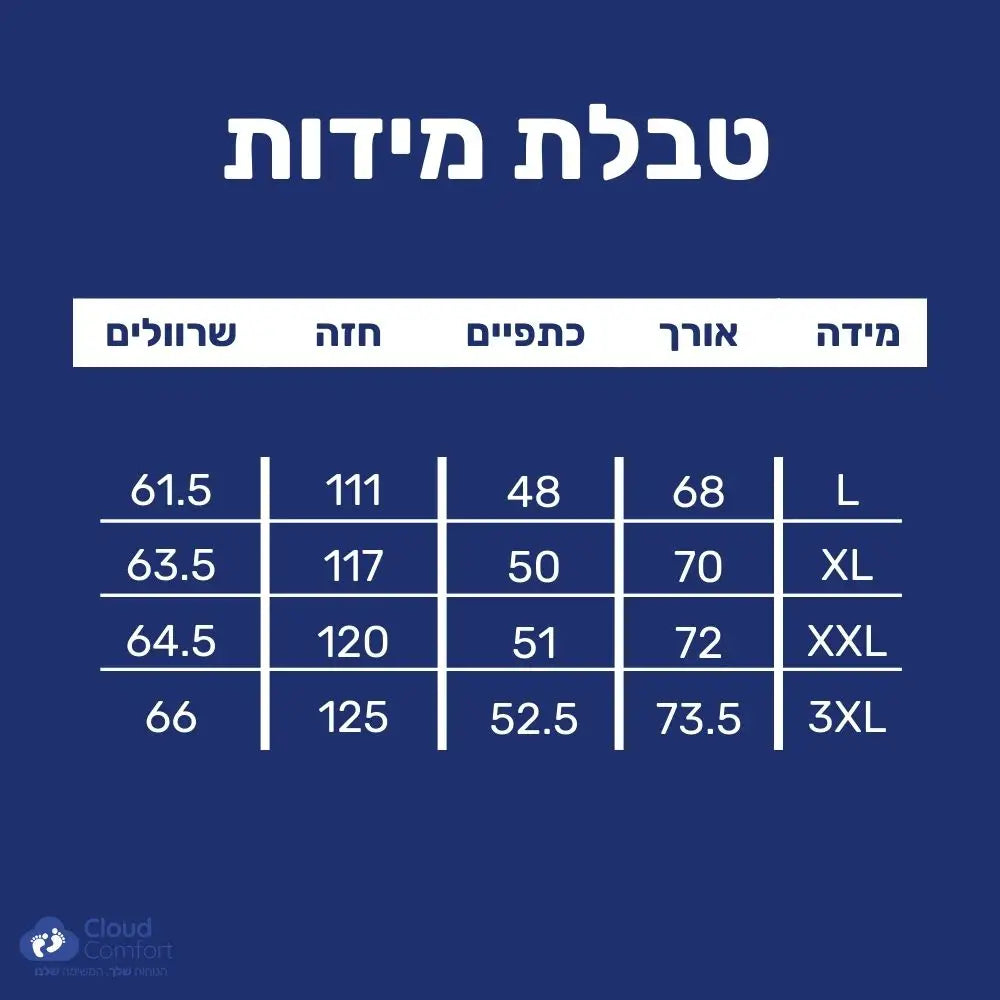 קלאוד קומפורט פרש אקטיב - מארז חולצות בעיצוב מנדף זיעה טבלת מידות