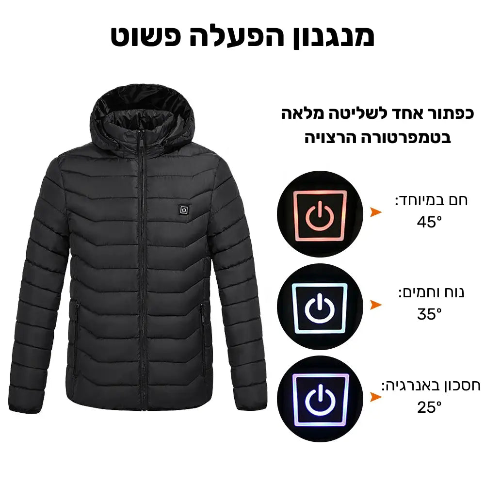 קלאוד קומפורט סמארט היט - מעיל עם מערכת חימום מובנית - הסבר על הכפתור השולט בדרגות החום